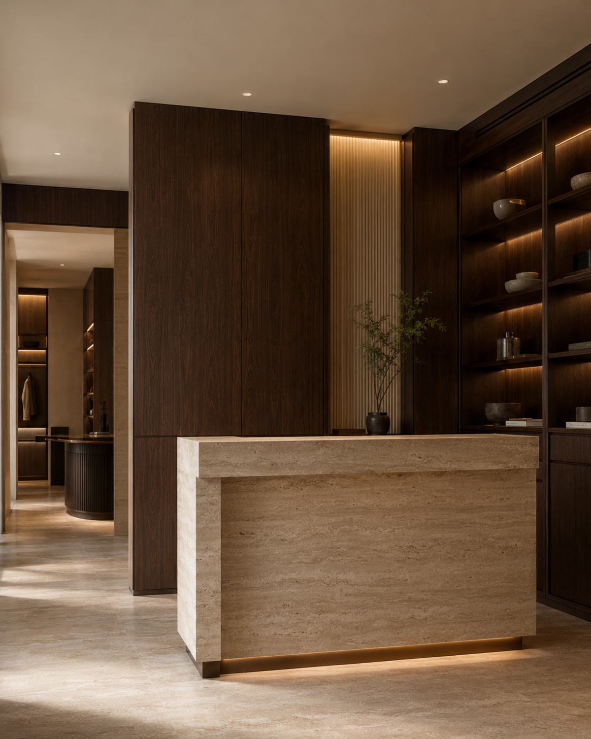 Espace d’accueil professionnel sur mesure en noyer et travertin